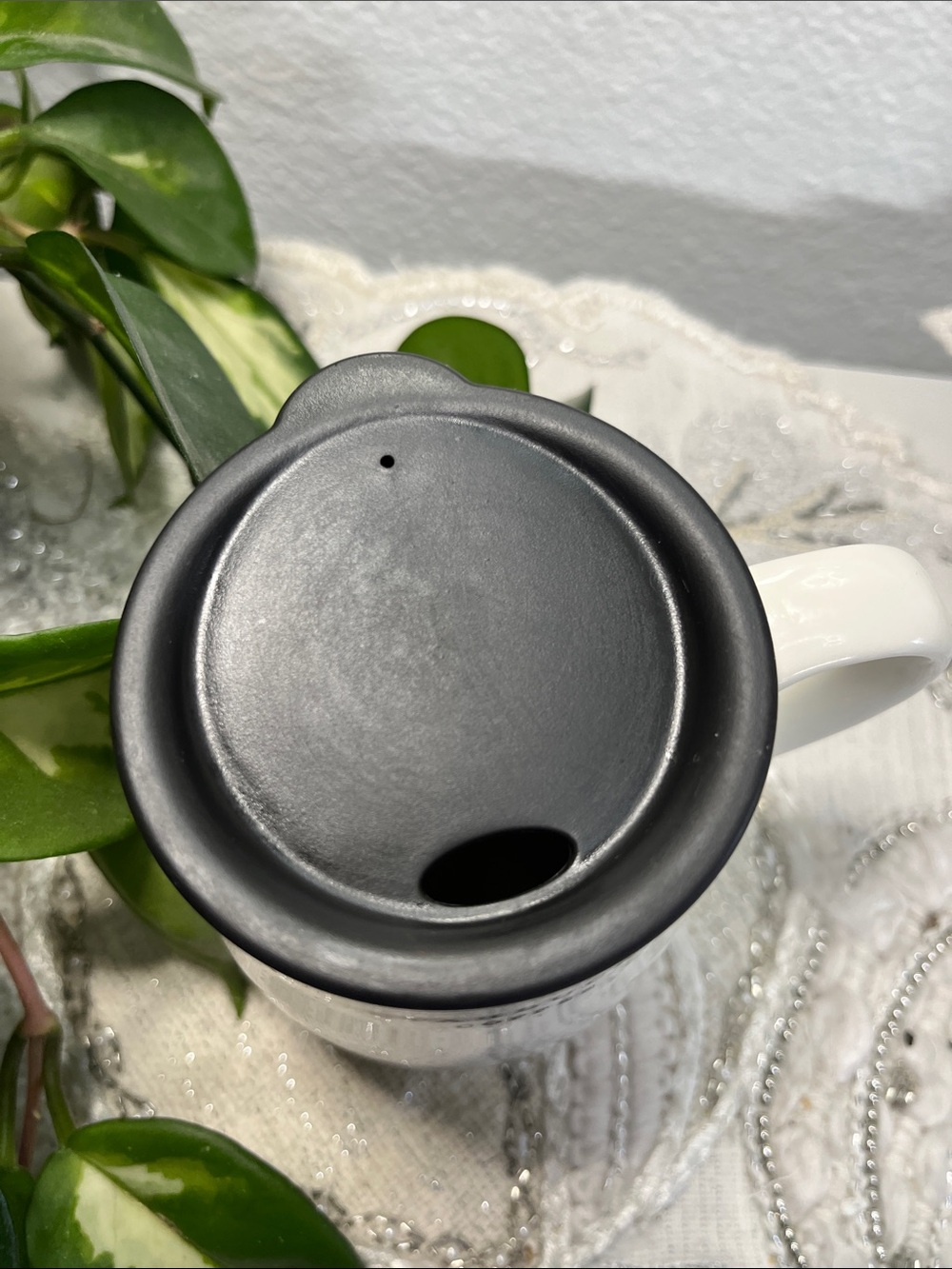 Starbucks White Ceramic Travel Mug with Black Rim and Stainless Base - Picture 2 of 7